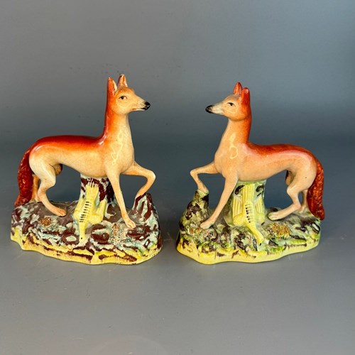 Pair Of Victorian Staffordshire Foxes With Birds