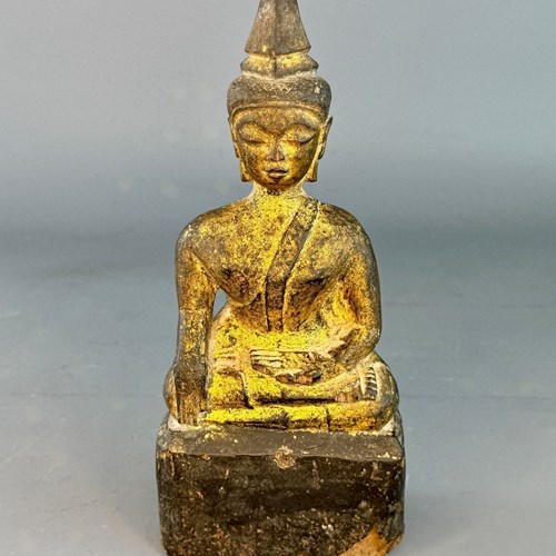 Antique Thai Carved & Gilded Buddha In Bhumisparsha Mudra