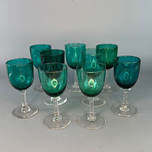 Nine Victorian Wine Glasses With Green Bowls
