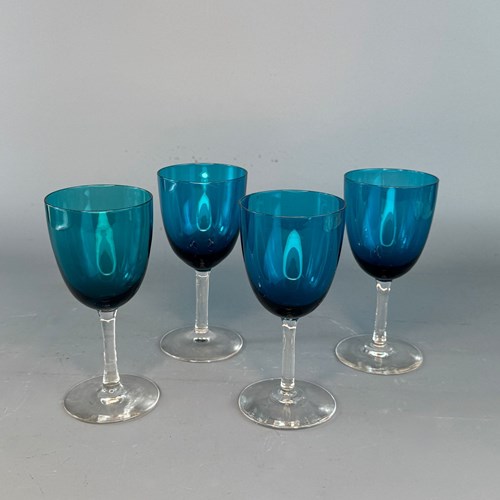 Set Of Four Victorian Wine Glasses With Blue Bowls