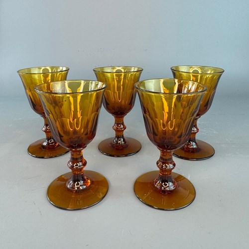 Set Of Five Victorian Amber Coloured Cut Glass Port Or Liqueur Glasses