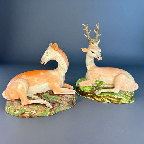 Pair Of Staffordshire Models Of Recumbent Stag & Doe Circa 1810