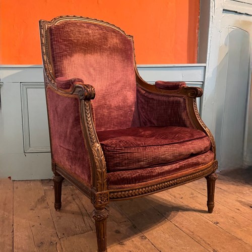 Antique French Louis XVI Style Carved Walnut Armchair