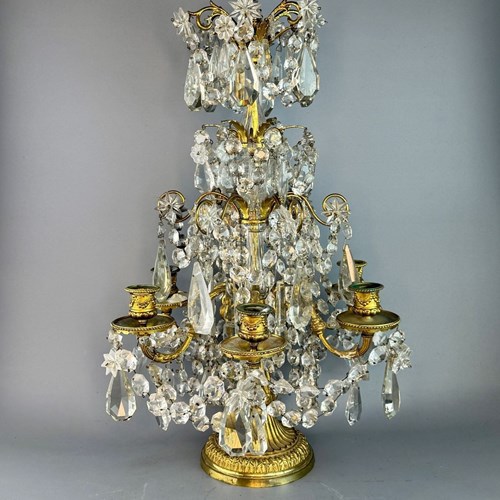 Large French Gilt-Brass Table Lustre Candelabra Hung With Cut Glass Drops