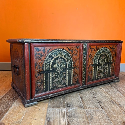 Antique Continental Painted Folk Art Marriage Coffer Dated 1671