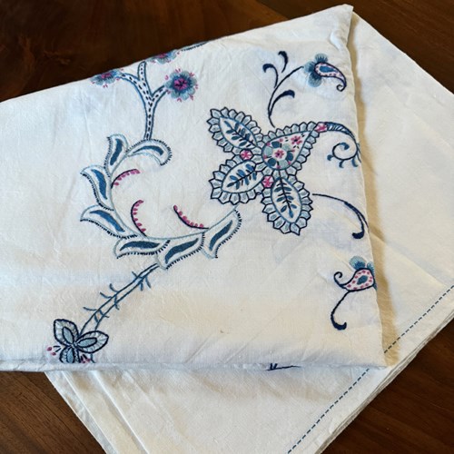 Vintage Hand Embroidered White Linen Tablecloth