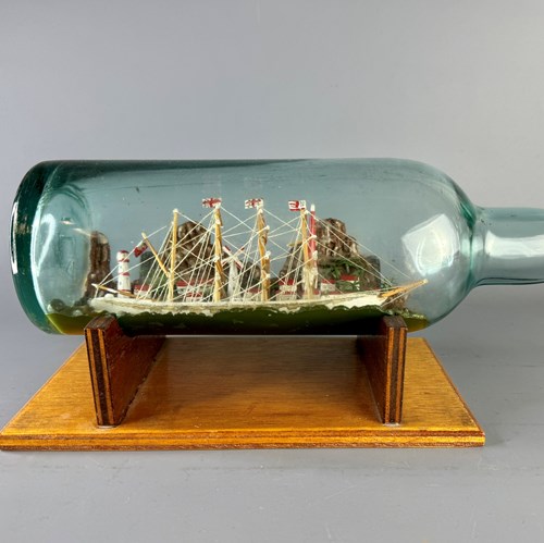 Vintage Folk Art Ship In A Bottle Of A Four Masted Sailing Ship