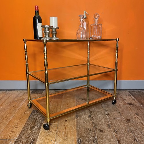 Vintage Brass & Mirror Glass Drinks Trolley