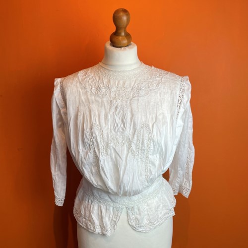 Edwardian Embroidered Cotton & Lace Blouse