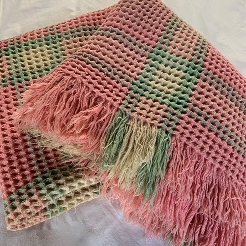 Vintage Welsh Pink & Green Wool Waffle Blanket