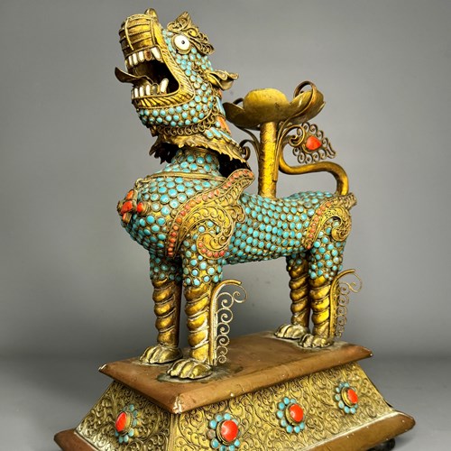 Tibetan Gilt-Metal Lion Vessel Inset With Turquoise & Coral Beads