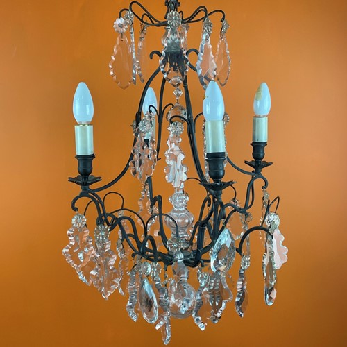 French Cut Glass Four Light Cage Chandelier