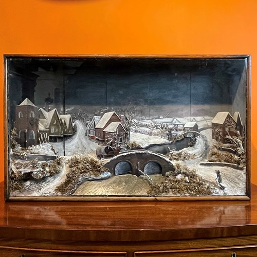 Folk Art Diorama Of A Snowy Townscape