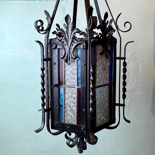French Wrought Iron Stained Glass Hall Lantern