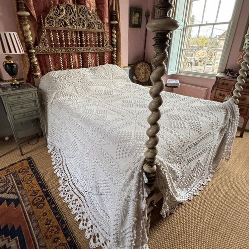 Vintage French King-Size White Crochet Bed Cover