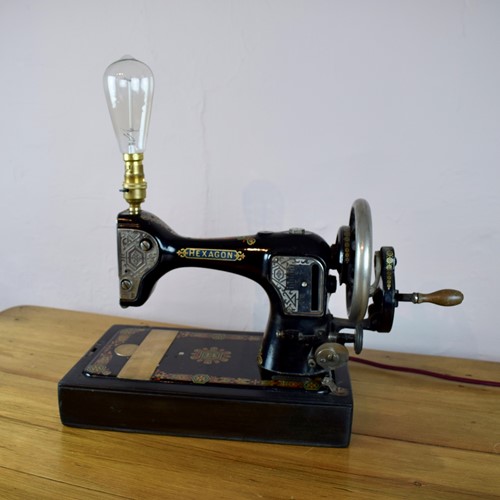 Upcycled Antique Hexagon Sewing Machine Lamp 