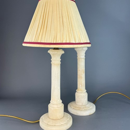Pair Of Vintage Alabaster Column Table Lamps