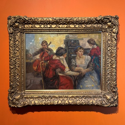 Manner Of Ulisee Caputo, Oil On Canvas Of A Belle Epoque Cafe Scene