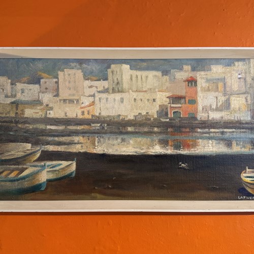 Joan Lapworth Harbour Scene, Arrecife, Lanzarote, 1960'S Oil On Board