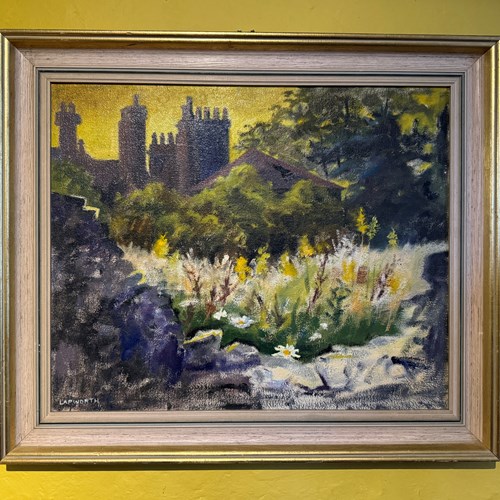 Joan Lapworth View Of A Country House With Drystone Wall Oil On Board 1968