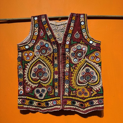Vintage Indian Gujarati Hand-Embroidered Shisha-Work Child's Waistcoat