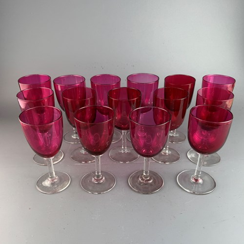 Set Of Fifteen Victorian Cranberry Glass Wine Glasses
