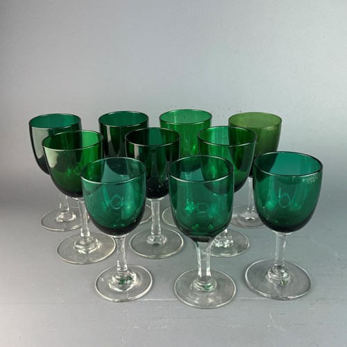 Set Of Ten Victorian Green Glass Wine Glasses
