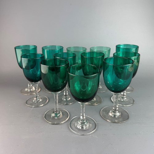 Set Of Twleve Victorian Green Glass Wine Glasses