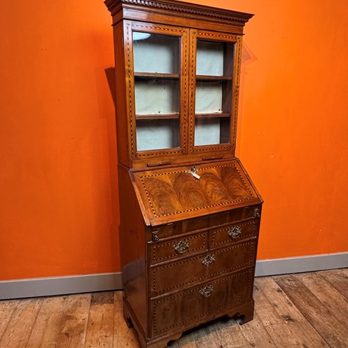 Antique Irish Inlaid Walnut Bureau Bookcase Of Small Proportions