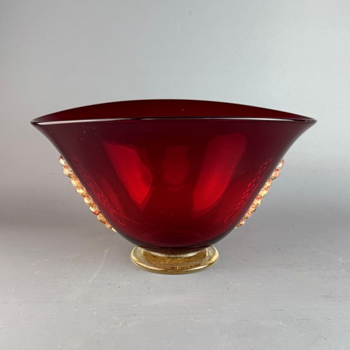 Vintage Murano Ruby Red & Aventurine Glass Bowl