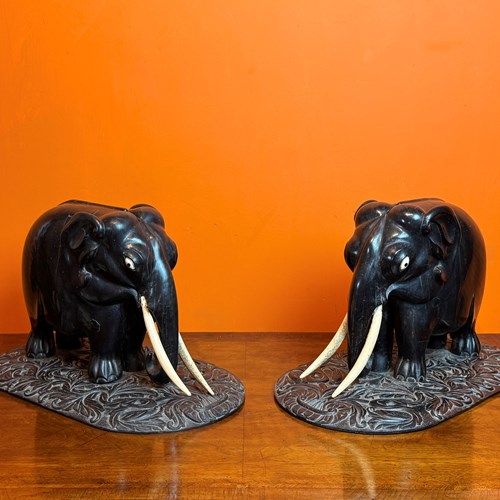 Large Pair Of Antique Ceylonese Carved Ebony Elephants