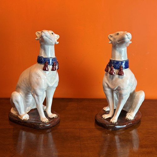 Large Pair Of Italian Majolica Glazed Pottery Greyhounds
