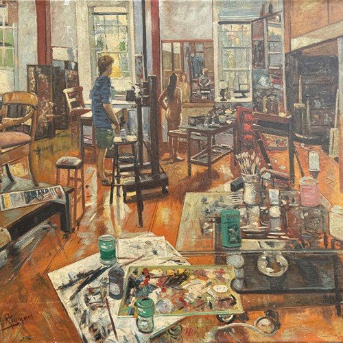 Artist With Nude Model At Work In His Studio Circa 1960