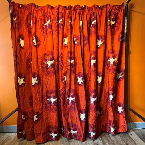 Pair Of 1960S Red & White Barkcloth Curtains