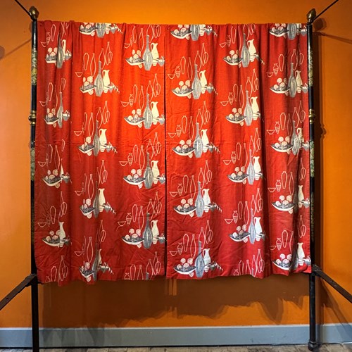 Pair Of Vintage 1950'S Barkcloth Red & White Curtains