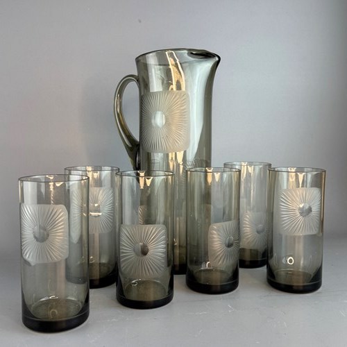 1970'S Danish Sunburst Cut Smoked Glass Water Set