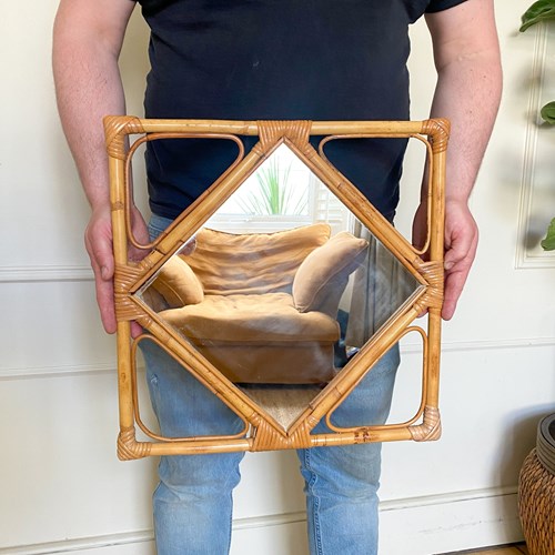 Vintage Rattan Square Diamond Mirror, 70’S