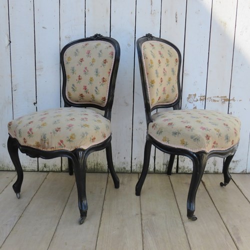 Pair Of Antique French Ebonised Salon Side Chairs