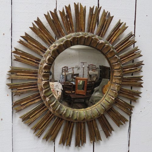 Spanish Gilt Wood Convex Sunburst Mirror