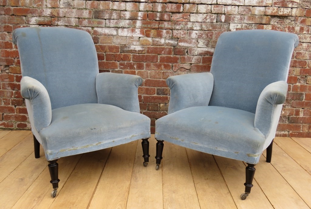 Pair Of Antique Scroll Top Napoleon III Armchairs - The Hoarde Vintage