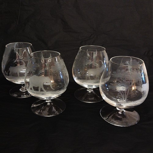 Engraved Rowland Ward crystal brandy snifters 