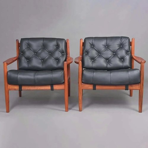 Pair Of Lacko Teak Black Leather Armchairs