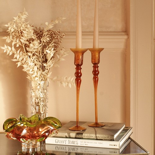 A Pair Of Elegant Amber Glass Candleholders