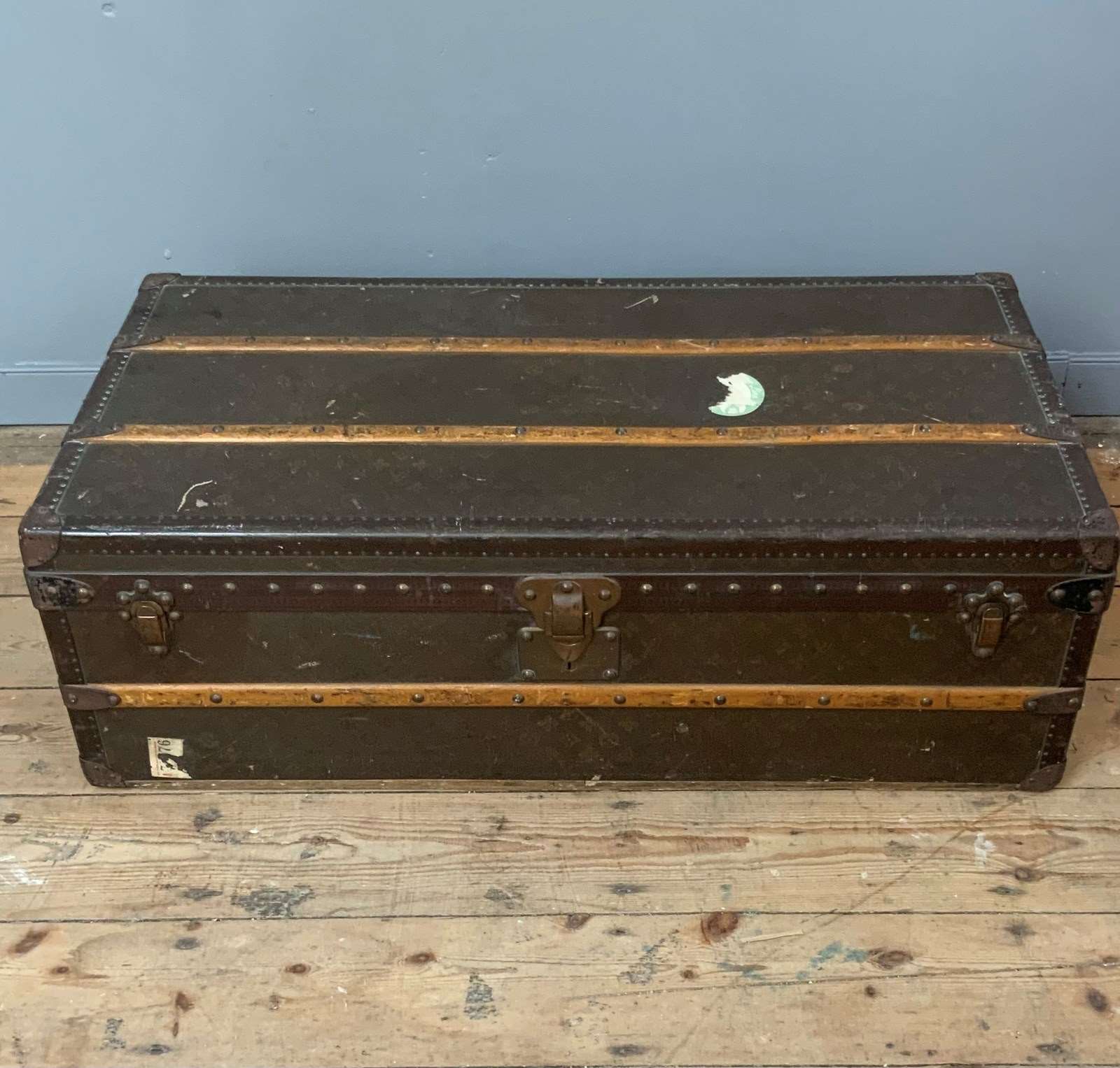 LOUIS VUITTON Antique Black Steamer Trunk with Red and Blue Stripe