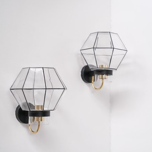 Pair Of Mid-Century Glass And Brass Wall Lights