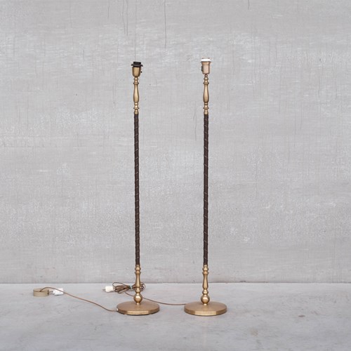 Pair Of Leather And Brass Mid-Century Einar Bäckström Floor Lamps