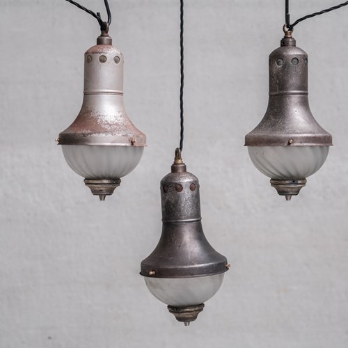 Set Of Three Etched Glass Antique Pendant Lights