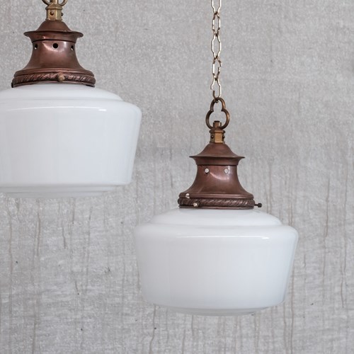 Pair Of Mid-Century Opaline And Copper Pendant Lights