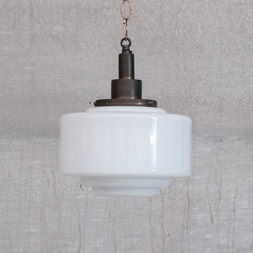 Patinated Brass and Opaline Stepped Pendant Light