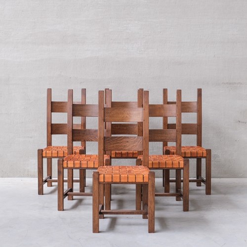 Set Of Six Leather And Oak Mid-Century Dutch Dining Chairs